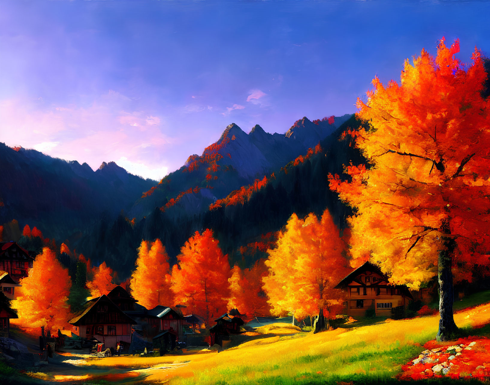 Fiery red and orange autumn foliage with mountain backdrop