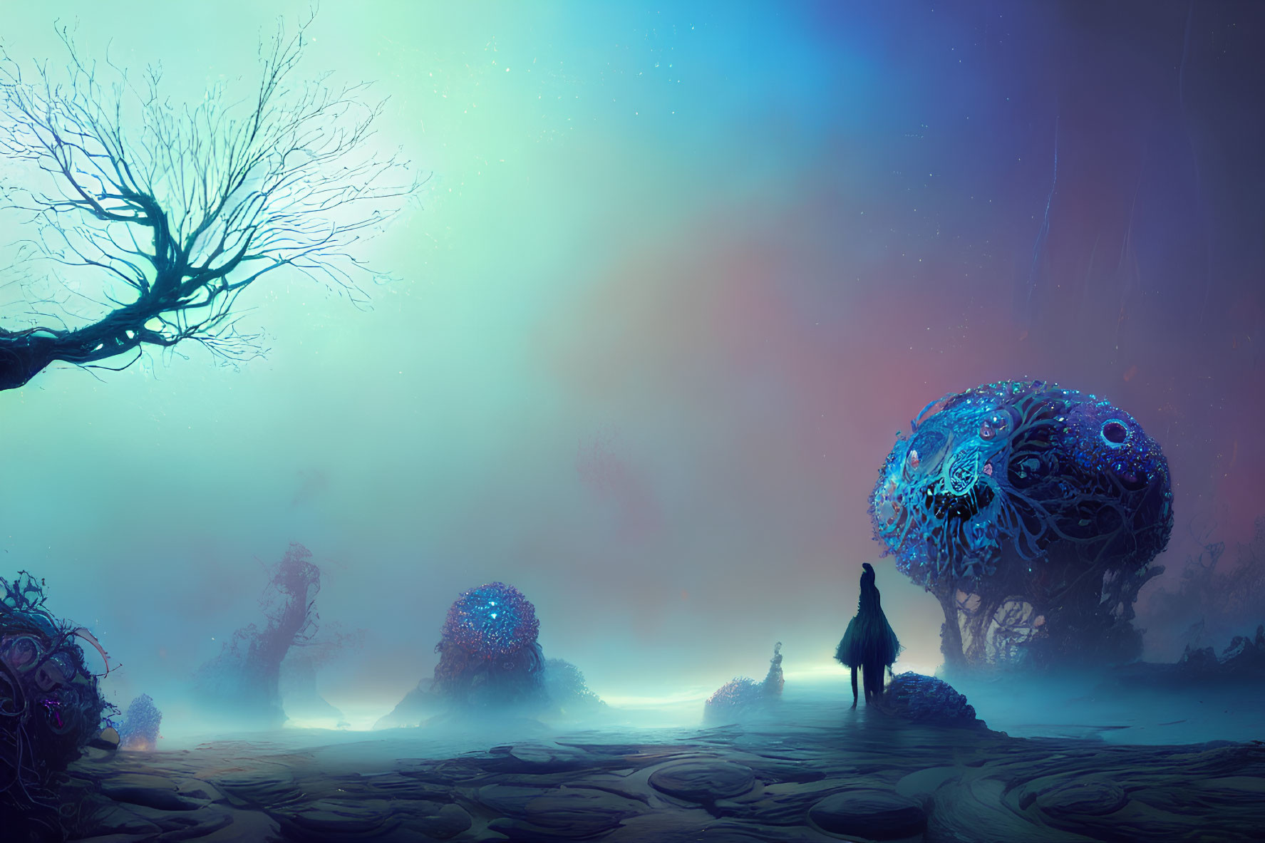 Surreal landscape with mist, vibrant sky, and otherworldly flora.