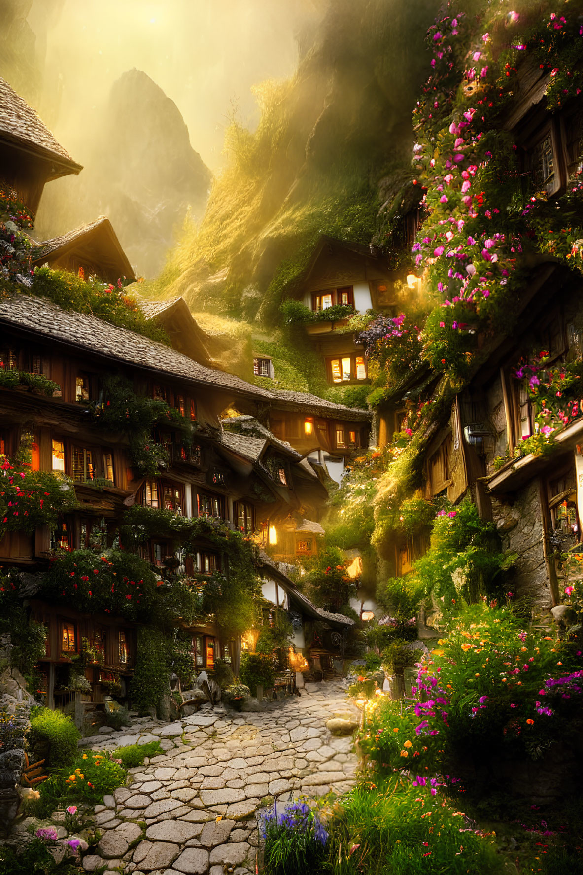 Charming mountain village with cobblestone paths and traditional houses adorned with flowers