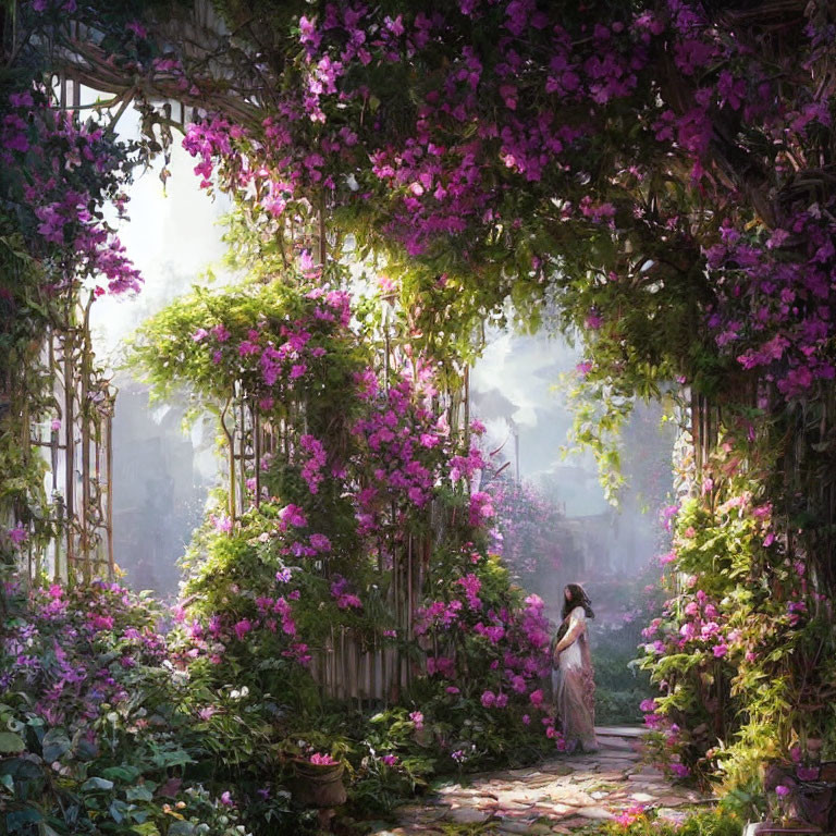 Tranquil garden scene with purple flowers and woman in white dress