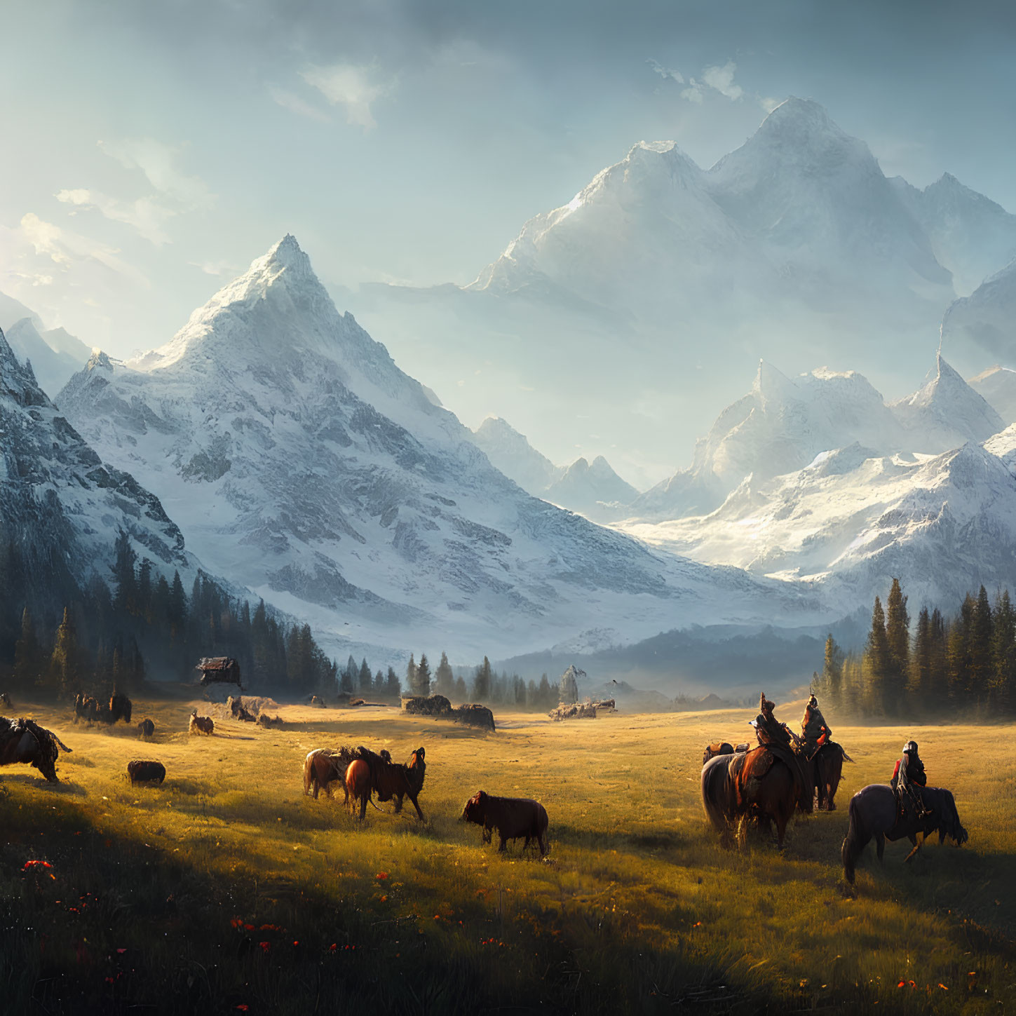 Mountain landscape with grazing cattle, riders on horseback, and settlement at sunrise