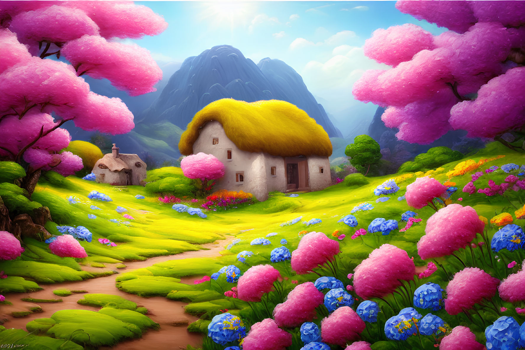 Vibrant pink trees and thatched cottage in idyllic landscape