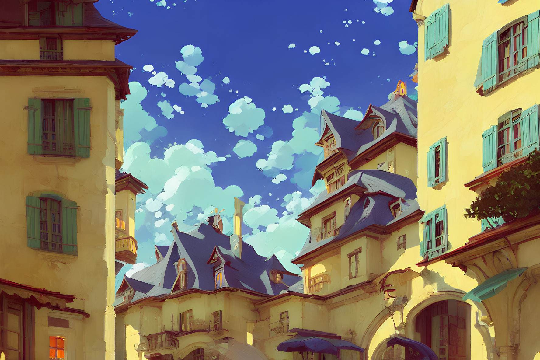 European-style buildings under blue sky with whimsical clouds