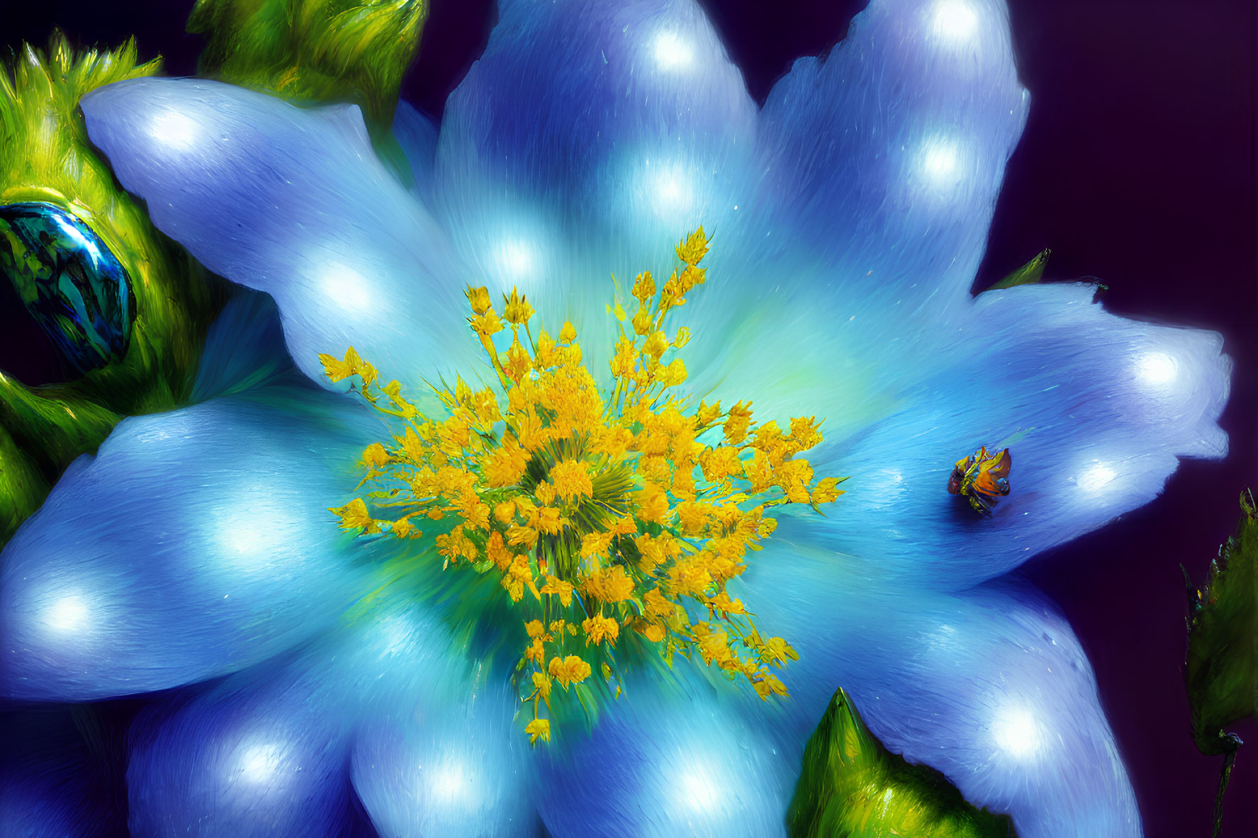 Close-up of Vibrant Blue Flower with Yellow Center and Water Droplets