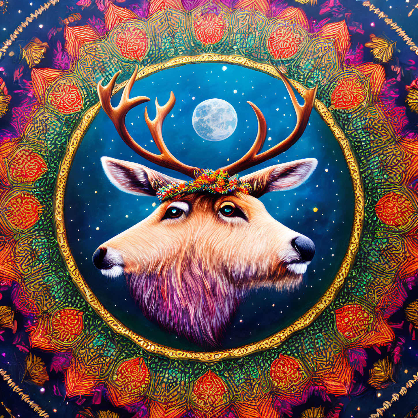 Colorful deer with ornate antlers in moonlit night scene.