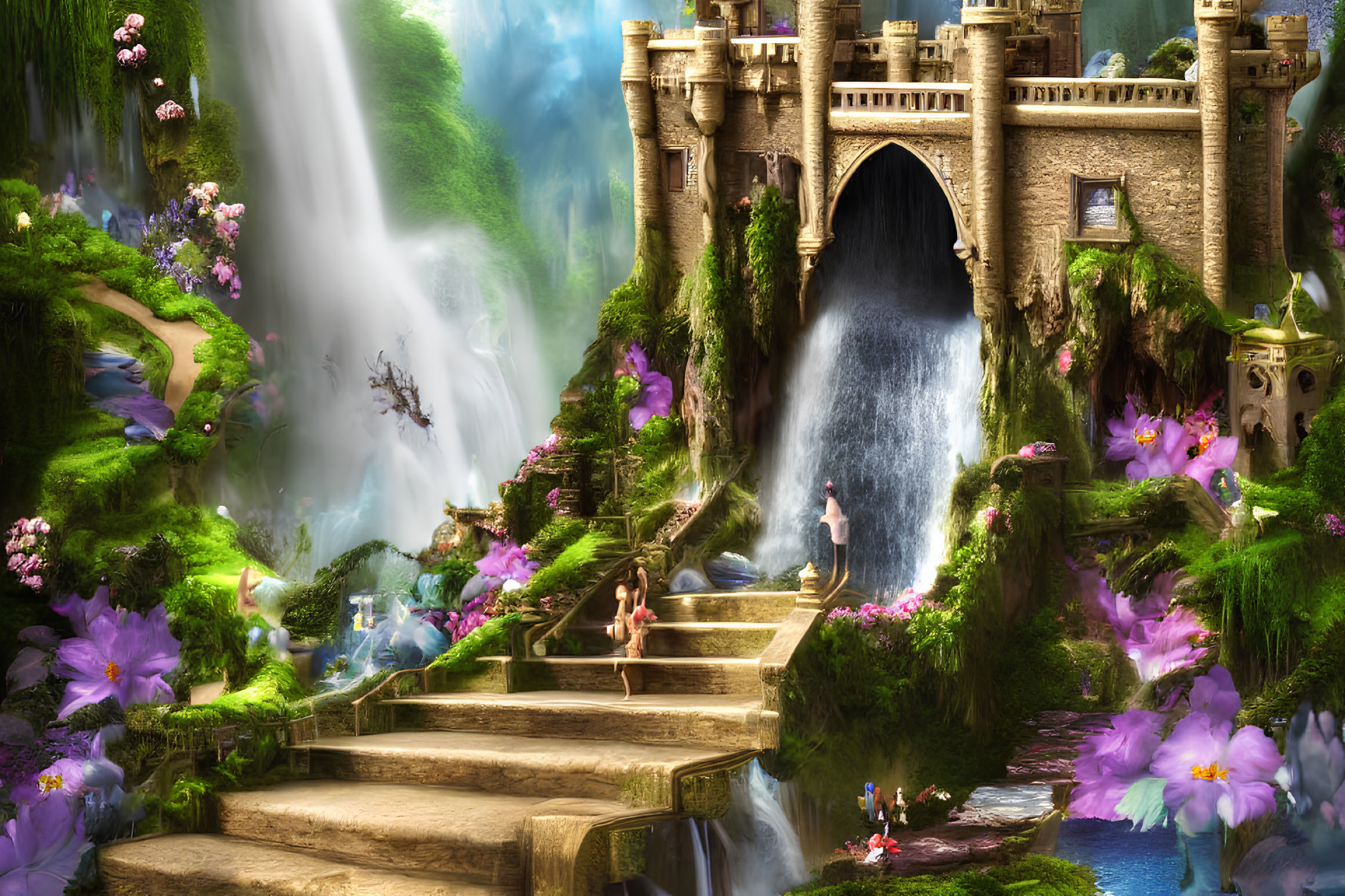 Fantastical landscape with ornate castle, waterfalls, greenery, flowers & winged creatures