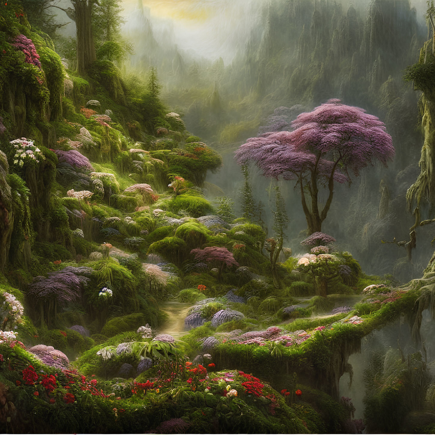 Lush forest scene with moss, flowers, mist, and pink tree in golden light
