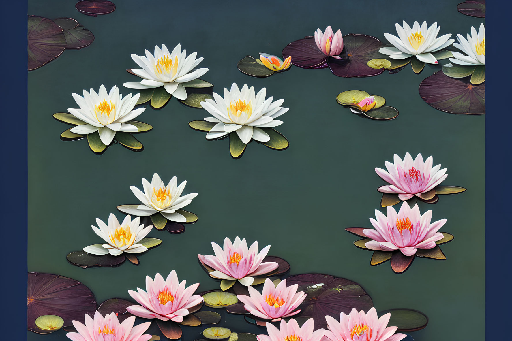 White and Pink Water Lilies on Dark Blue Water Surface