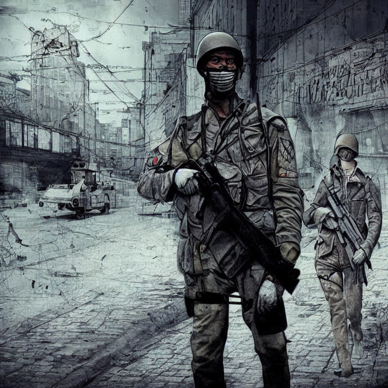 Deserted urban street with soldiers and military vehicle in gritty art
