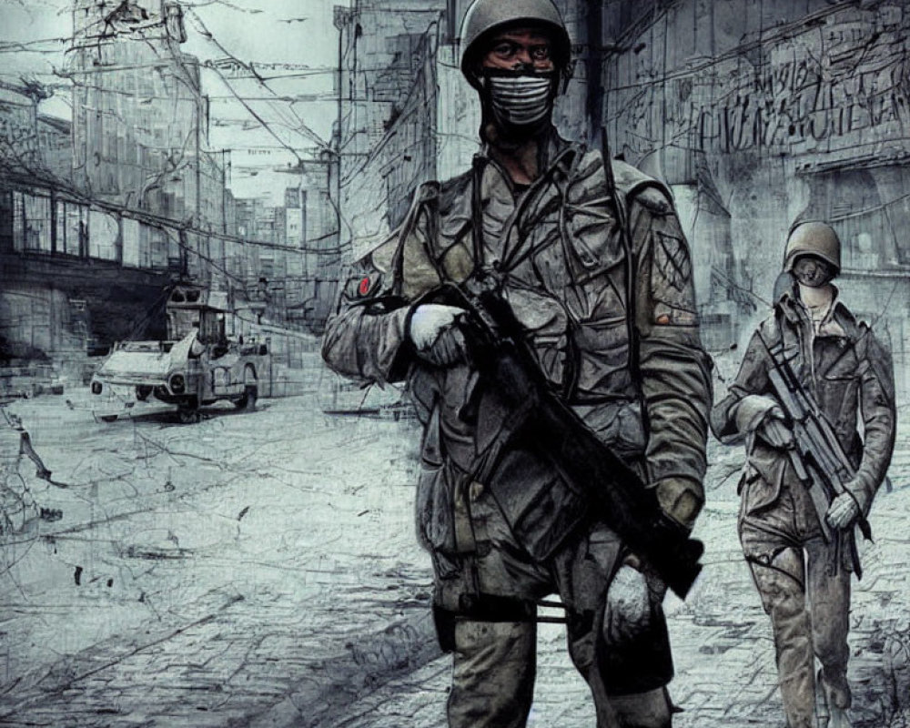 Deserted urban street with soldiers and military vehicle in gritty art