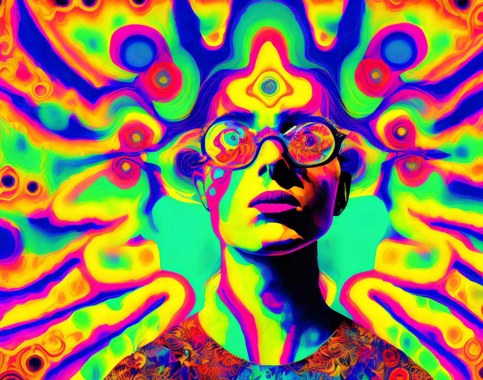Person with Round Glasses on Vibrant Psychedelic Background