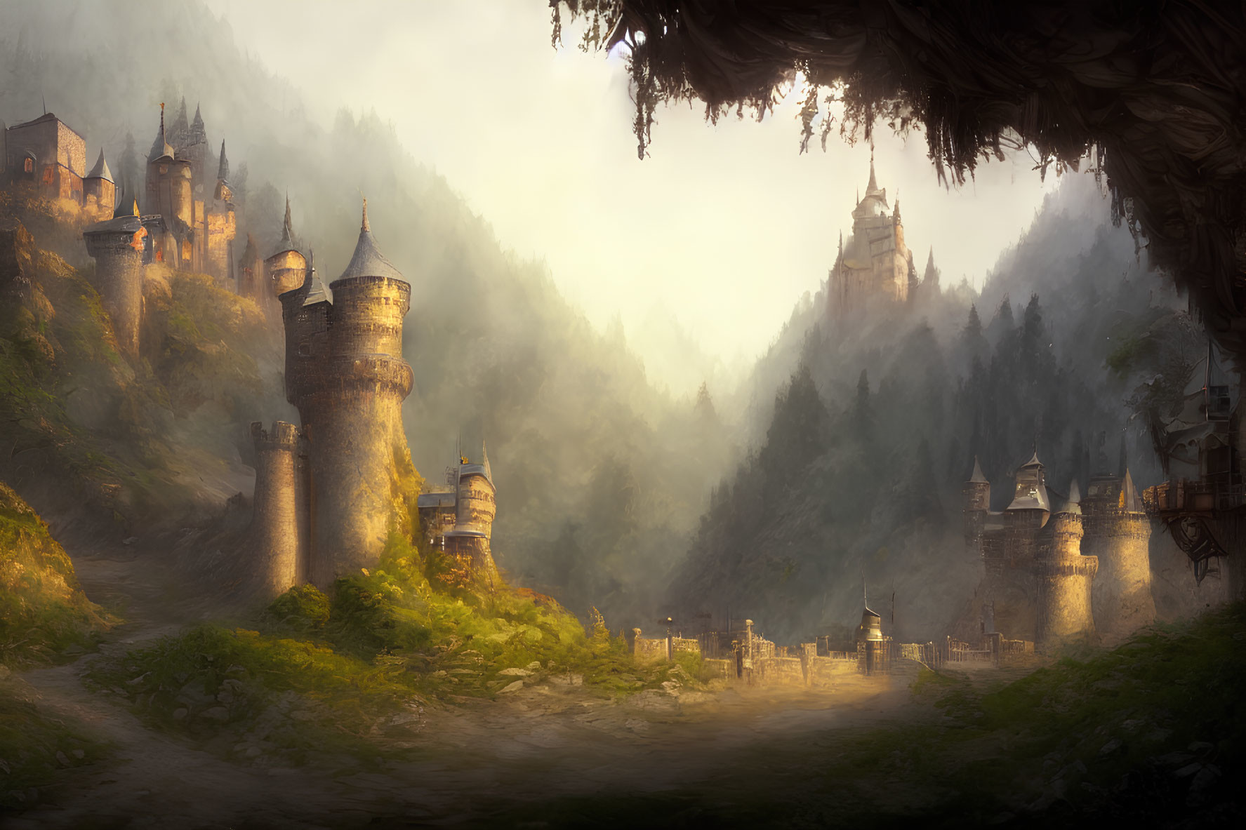 Mystical fantasy landscape with castle, hills, and misty sunlight.