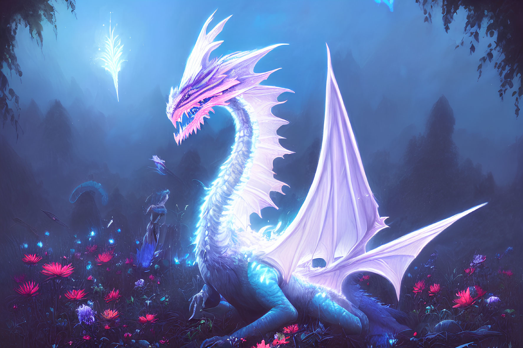 Majestic blue dragon and glowing humanoid in mystical forest.