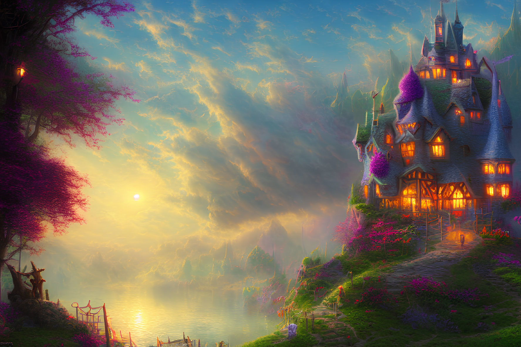 Fantasy landscape with grand house, purple foliage, serene lake, and illuminated path