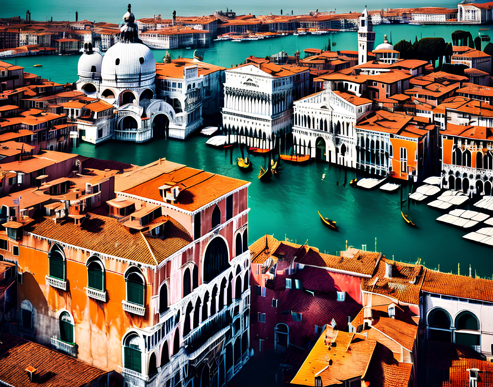 Aerial view of Venice canals, gondolas, and historic red-orange architecture