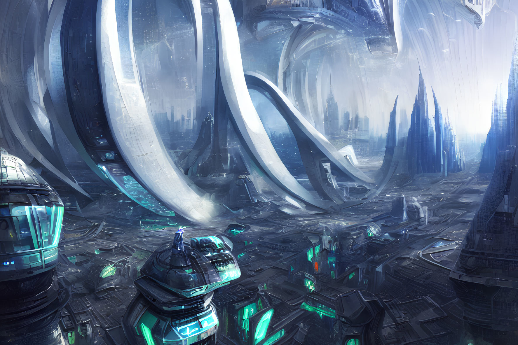 Futuristic cityscape with towering curved structures and advanced buildings illuminated by blue and green lights