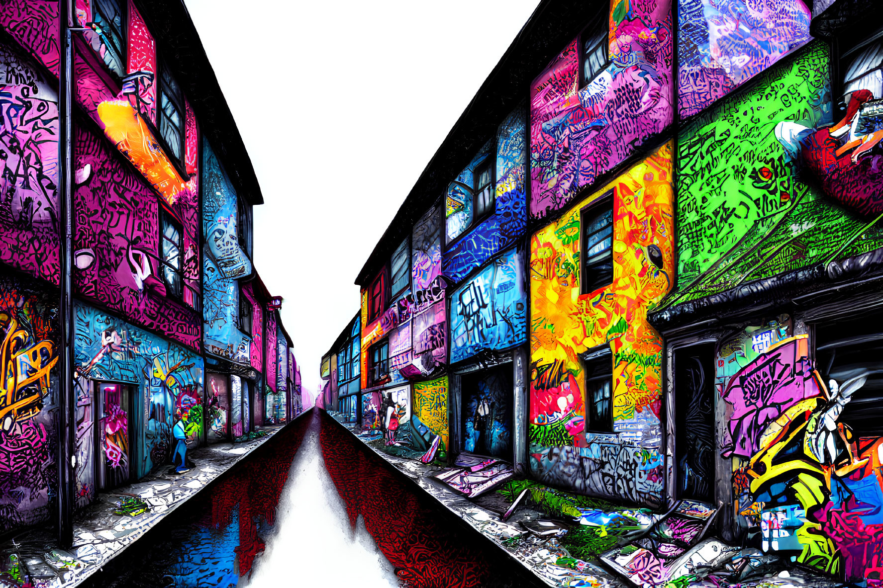 Colorful graffiti-covered alley with vibrant murals and water reflections