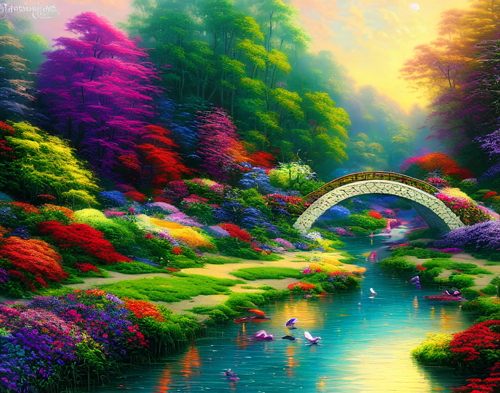 Colorful Garden with Arched Bridge, River, Birds, and Forest at Sunset