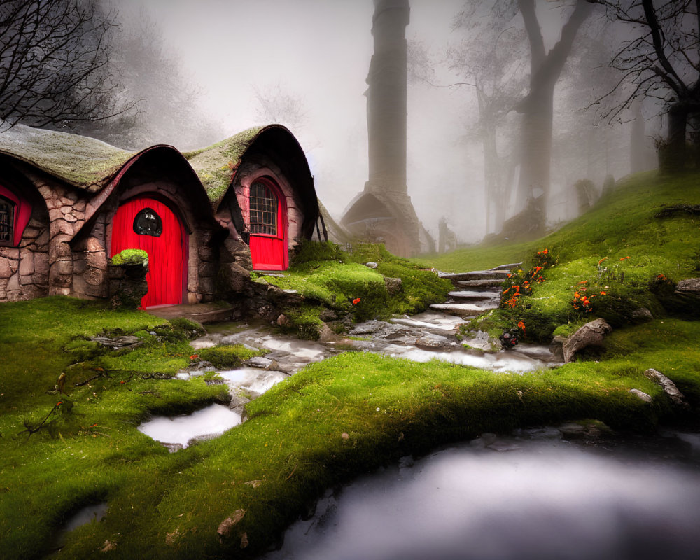 Mystical foggy village with moss-covered cottages and red doors in supernatural setting