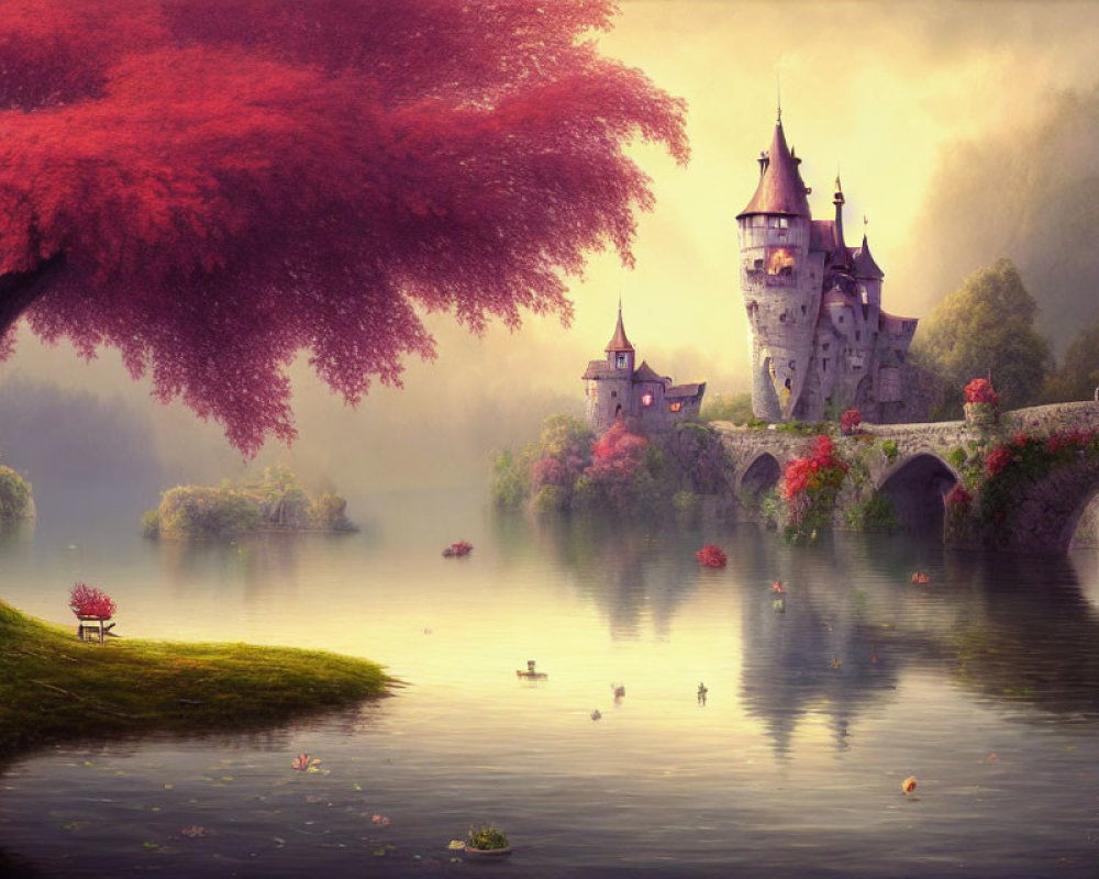 Tranquil castle landscape with lake, stone bridge, red tree, ducks, mist.