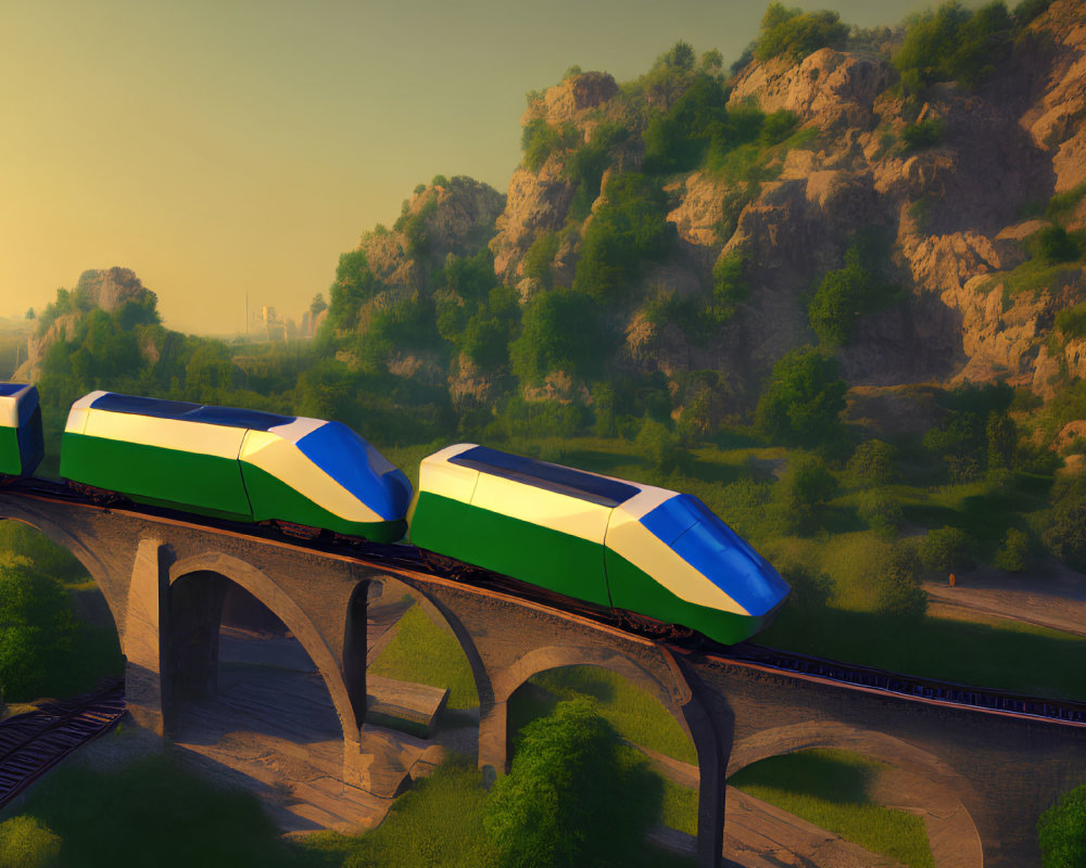 Modern trains crossing stone bridge in scenic landscape at sunset