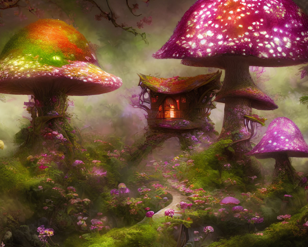 Fantasy Enchanted Forest with Glowing Mushrooms and Tree Houses