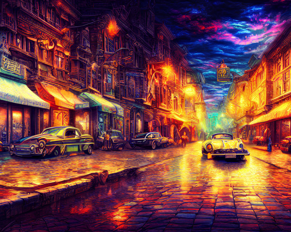 Colorful vintage cars and storefronts on luminous cobblestone street