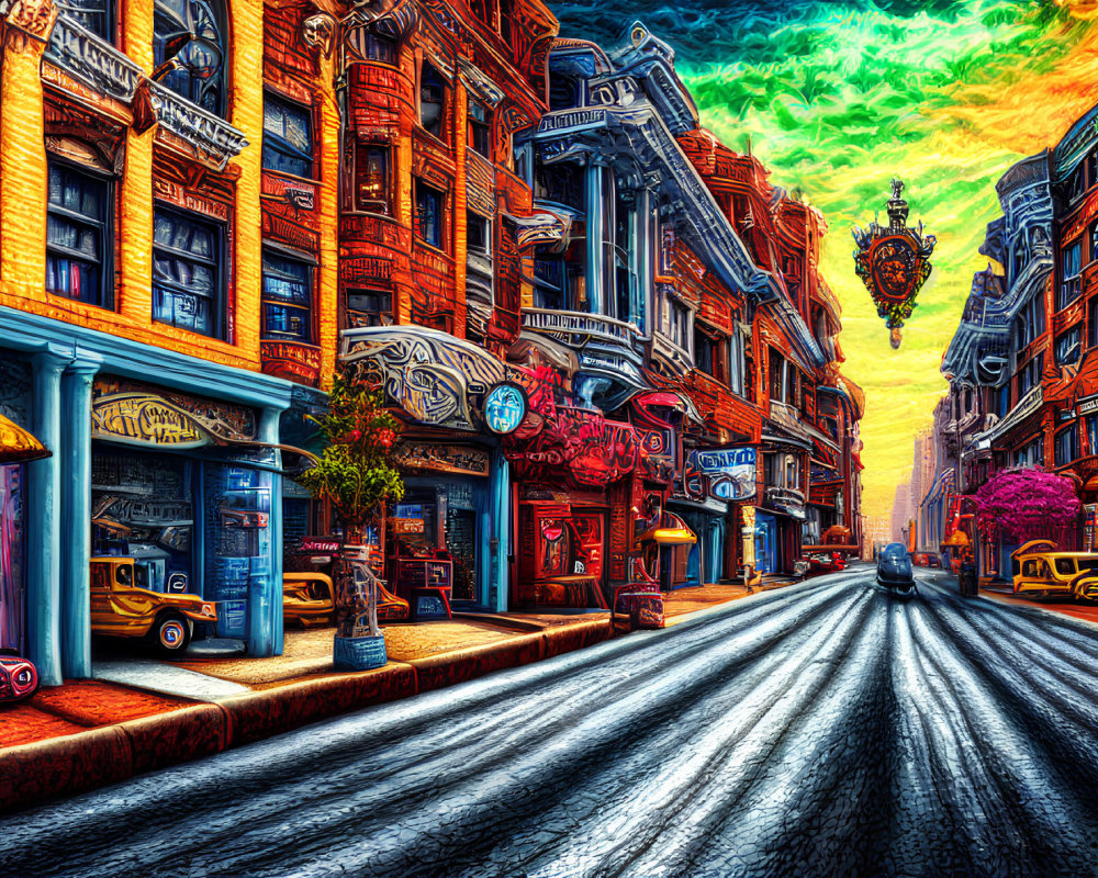 Colorful city street scene with retro cars and dramatic lighting.