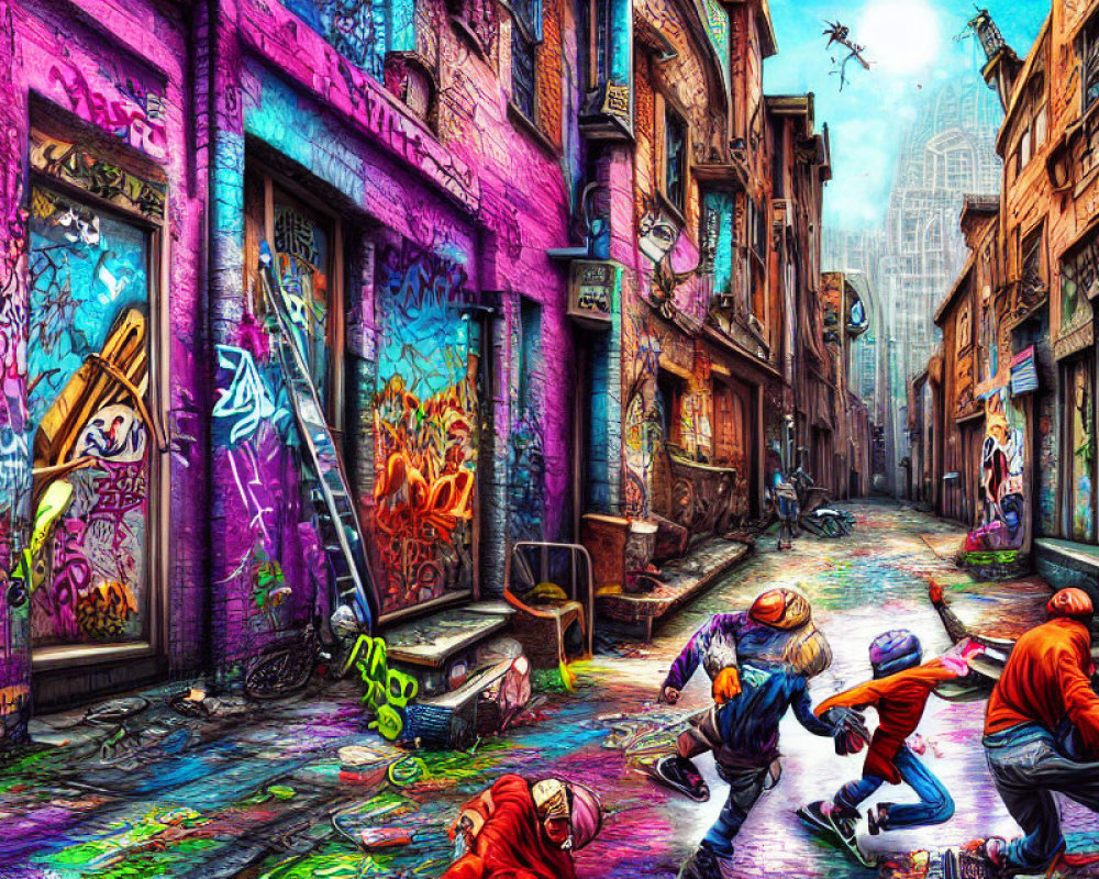 Colorful Graffiti-Filled Urban Alley with Kids Playing and Futuristic Cityscape