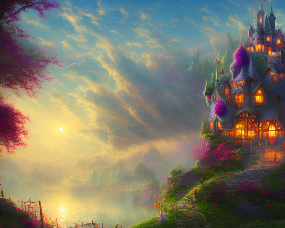 Fantasy landscape with grand house, purple foliage, serene lake, and illuminated path