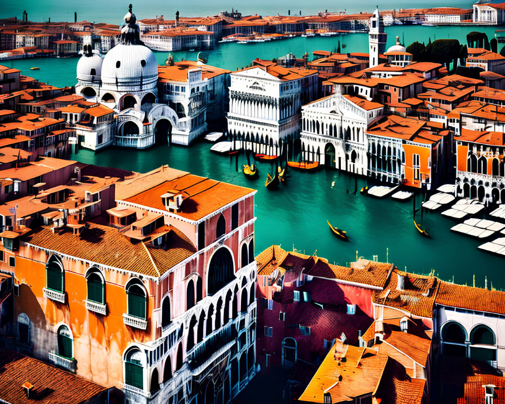 Aerial view of Venice canals, gondolas, and historic red-orange architecture