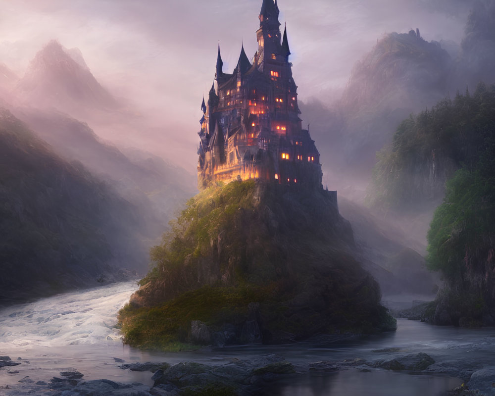 Mystical castle on rugged cliff in dawn light