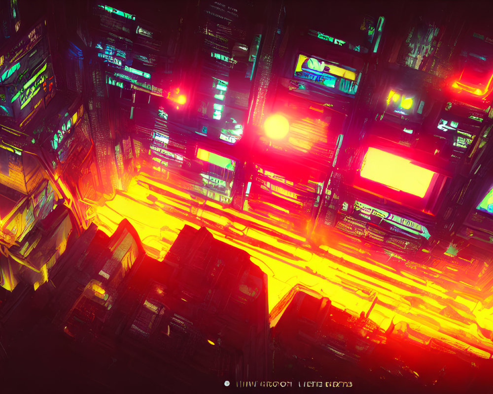 Neon-lit cyberpunk cityscape with towering skyscrapers