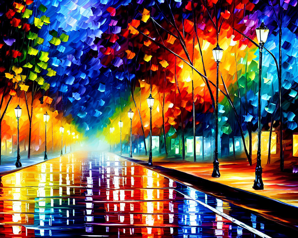 Colorful impressionistic painting of a tree-lined street at night