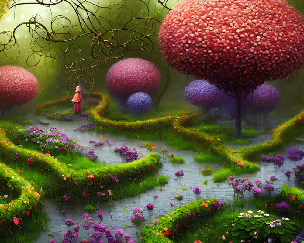 Enchanted forest with oversized mushrooms, winding paths, lush greenery & figure in pink cloak