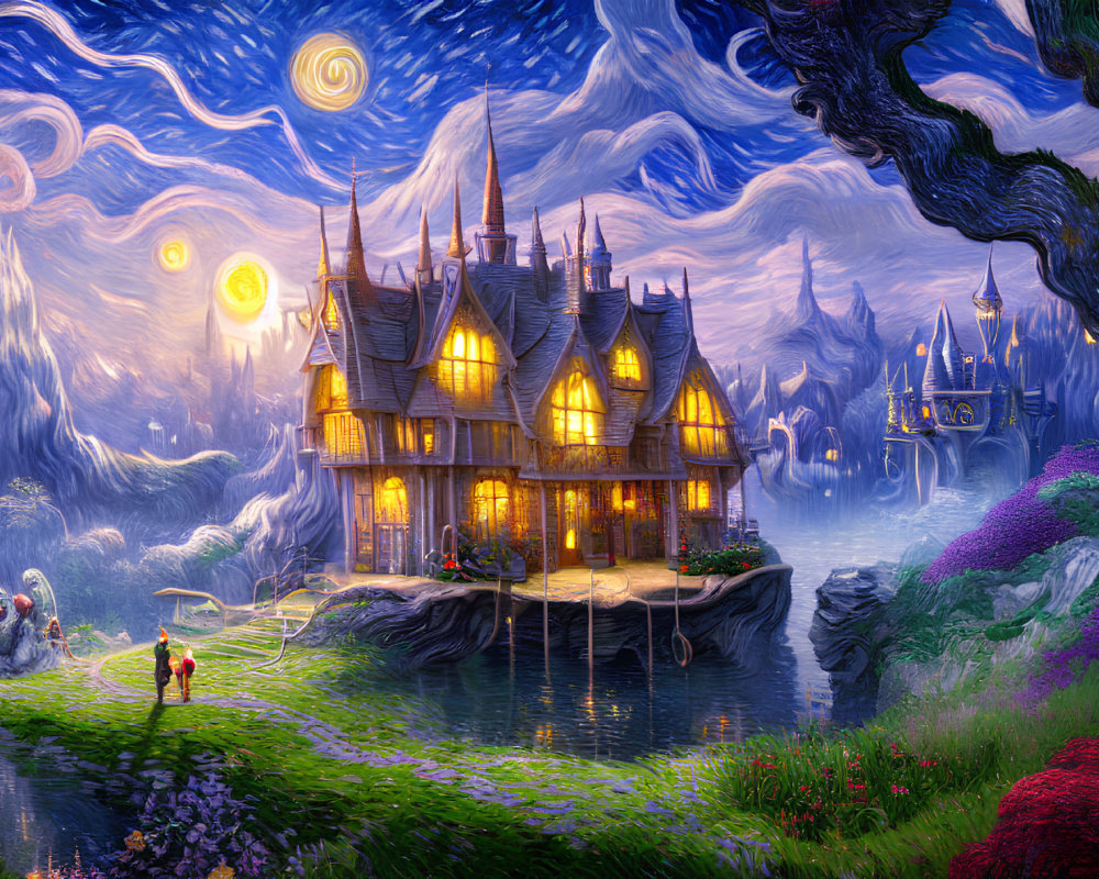 Whimsical fantasy landscape with vibrant gardens and starry sky