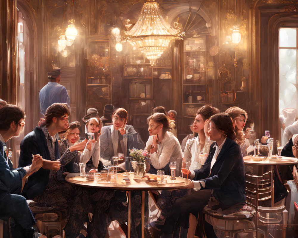 Bustling cafe scene with patrons in warm, golden light