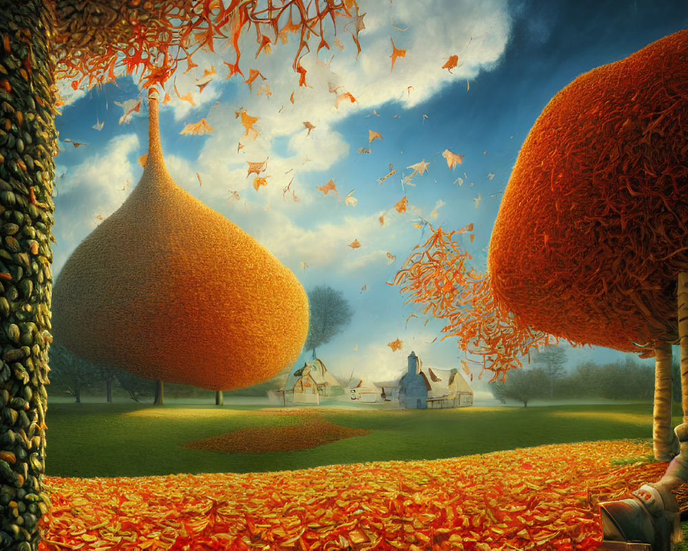 Bulbous orange tree canopies in whimsical landscape