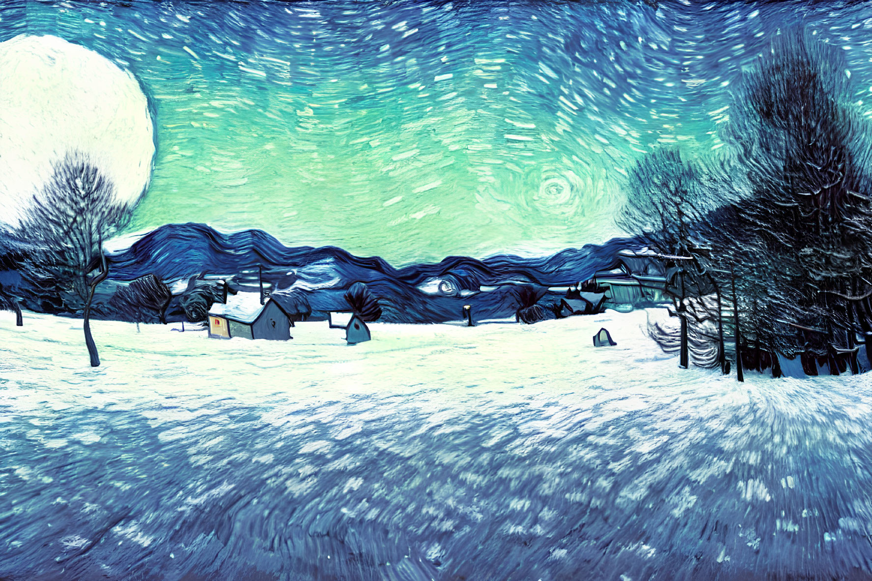 Moonlit snowy landscape with houses and trees and swirling night sky