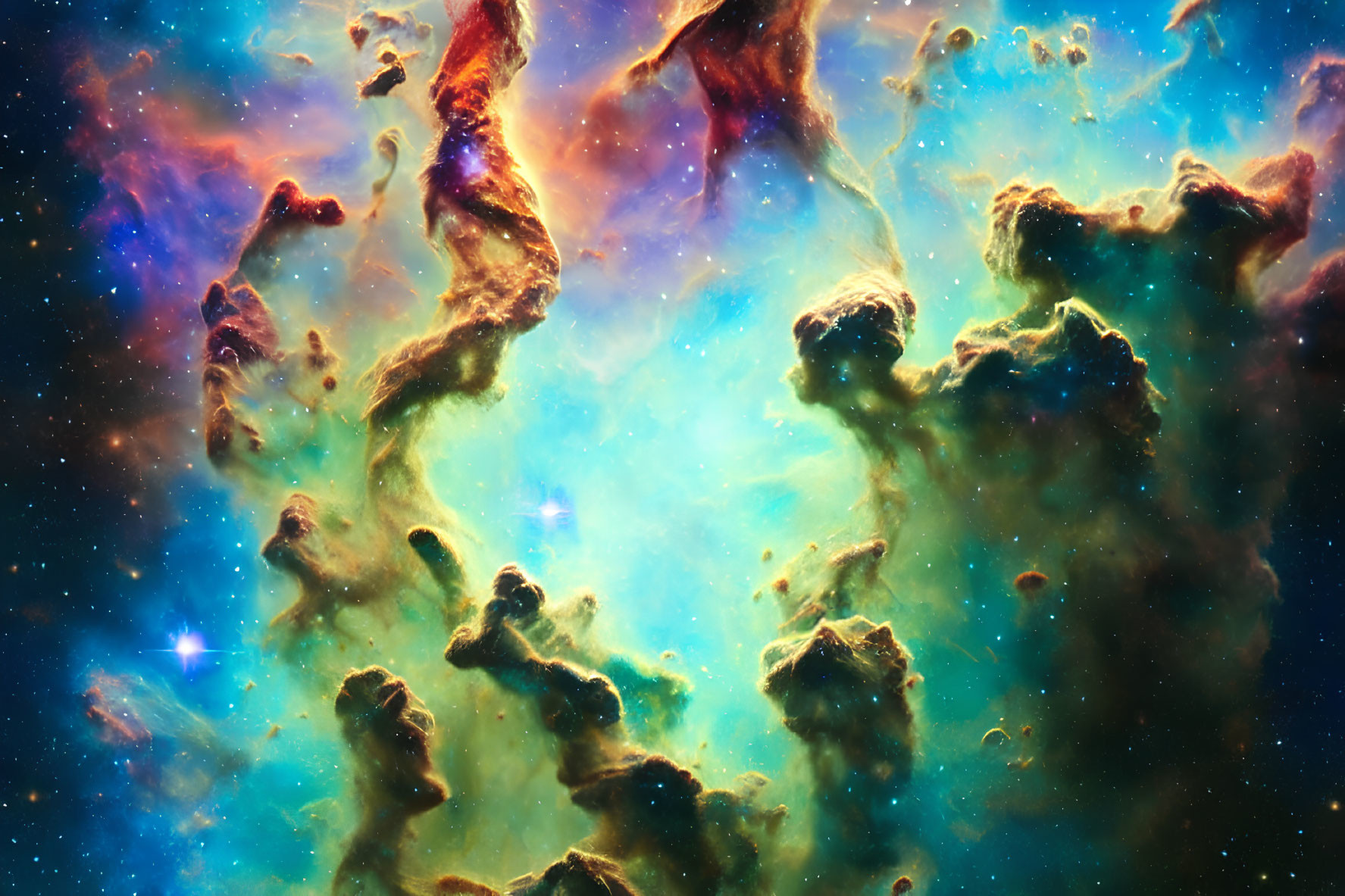 Colorful Star-Forming Nebulae and Dust Clouds in Cosmic Scene