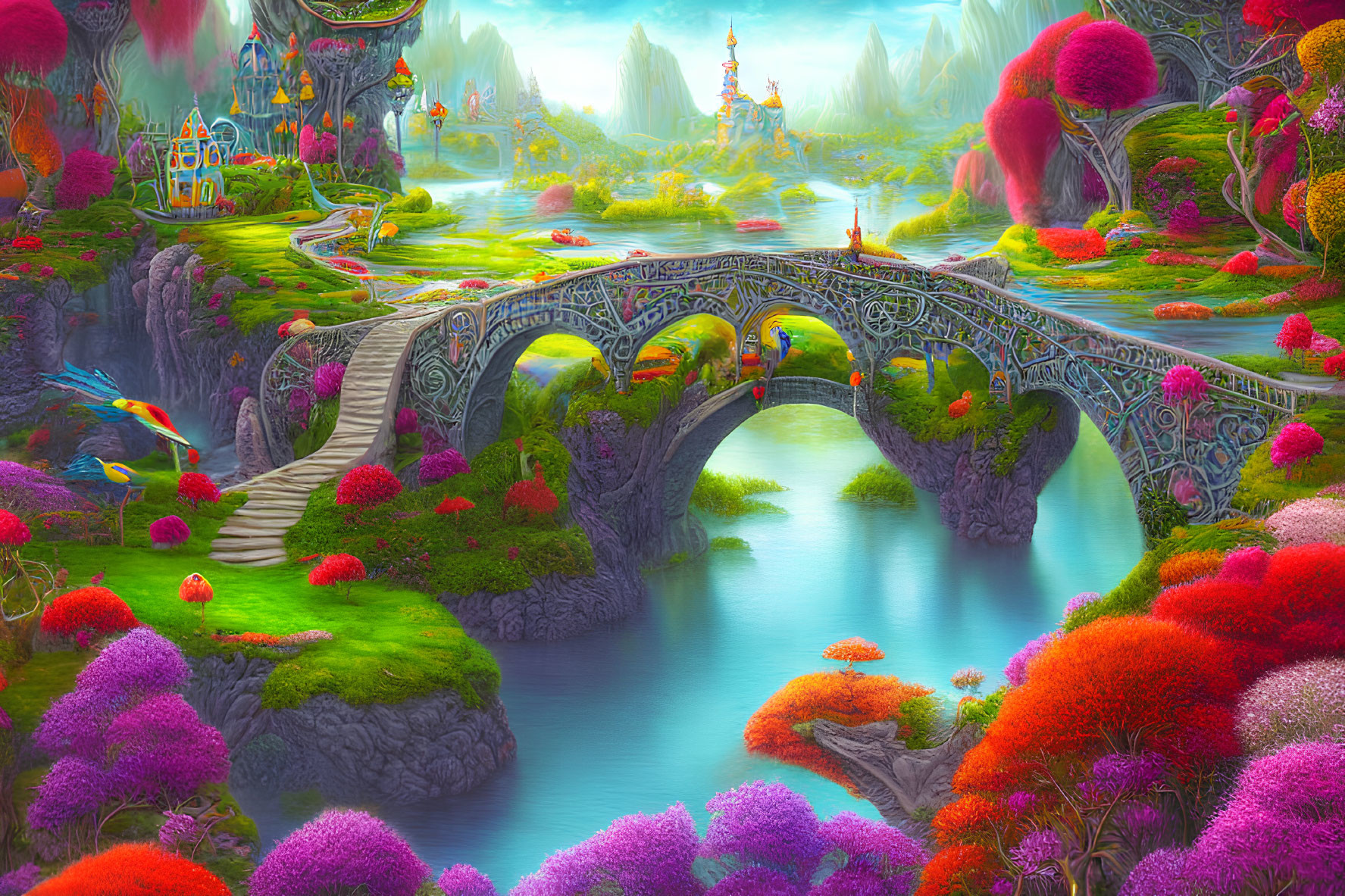 Vibrant fantasy landscape with colorful forest, ornate bridge, and whimsical castle