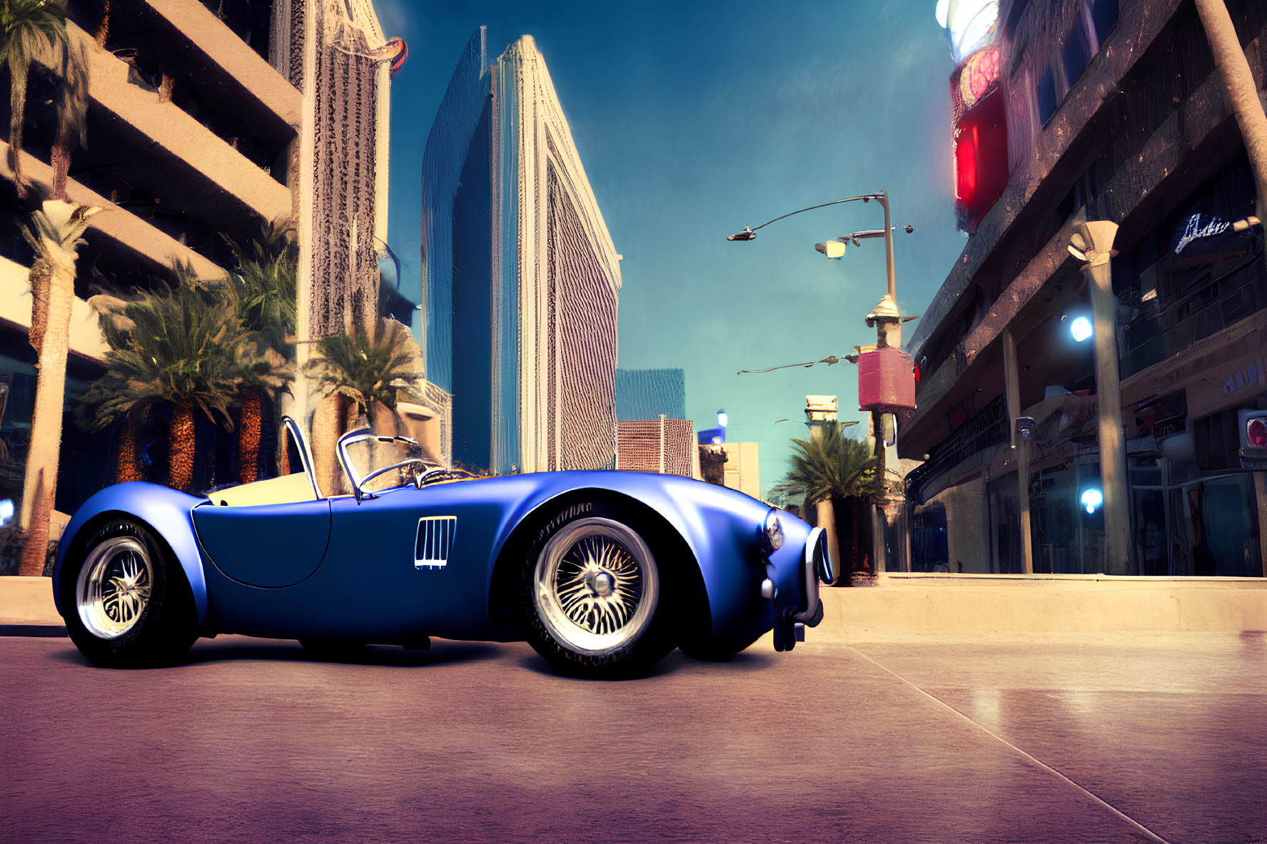 Blue Convertible Sports Car on Sunny Street with Skyscrapers and Palm Trees