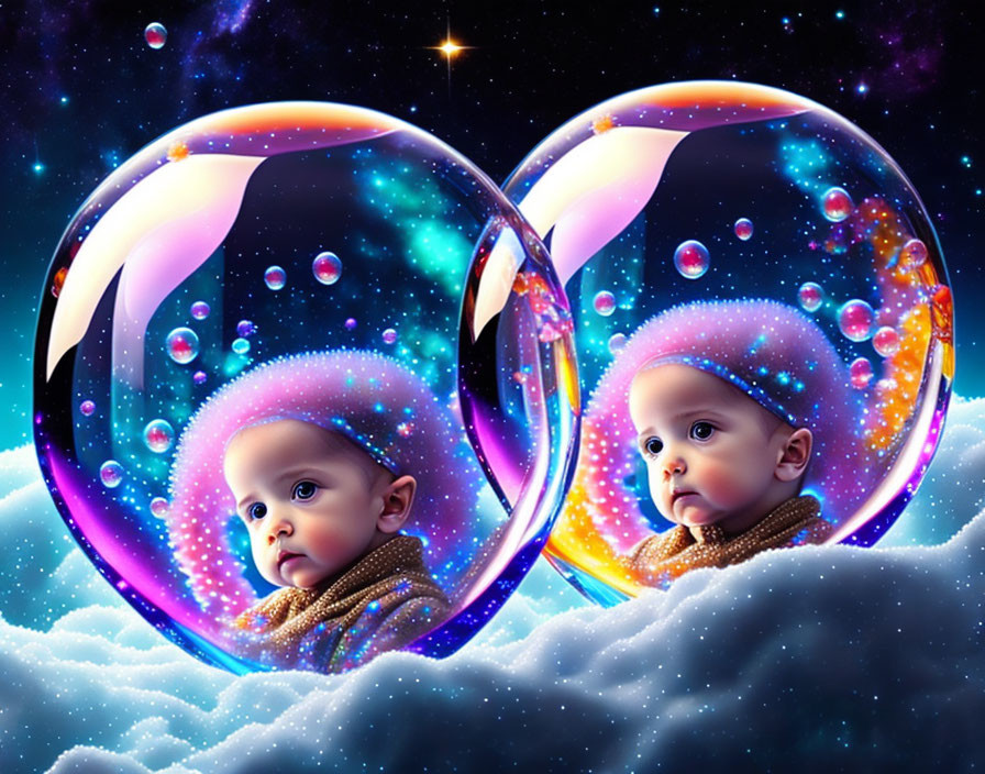 Infants in vibrant bubbles amidst starry cosmos