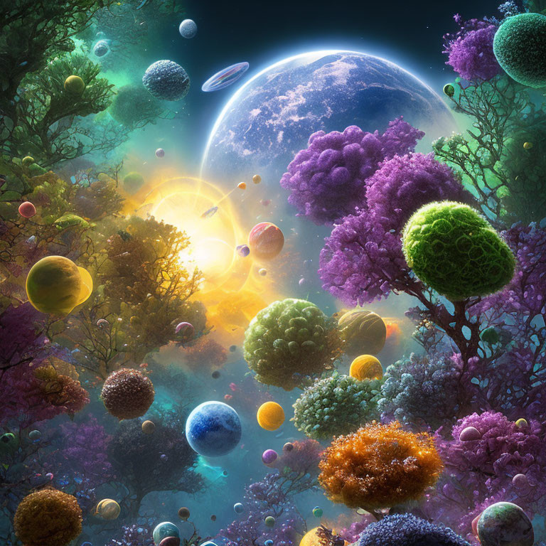 Colorful cosmic scene with forest-like orbs, moon, planets, and stars
