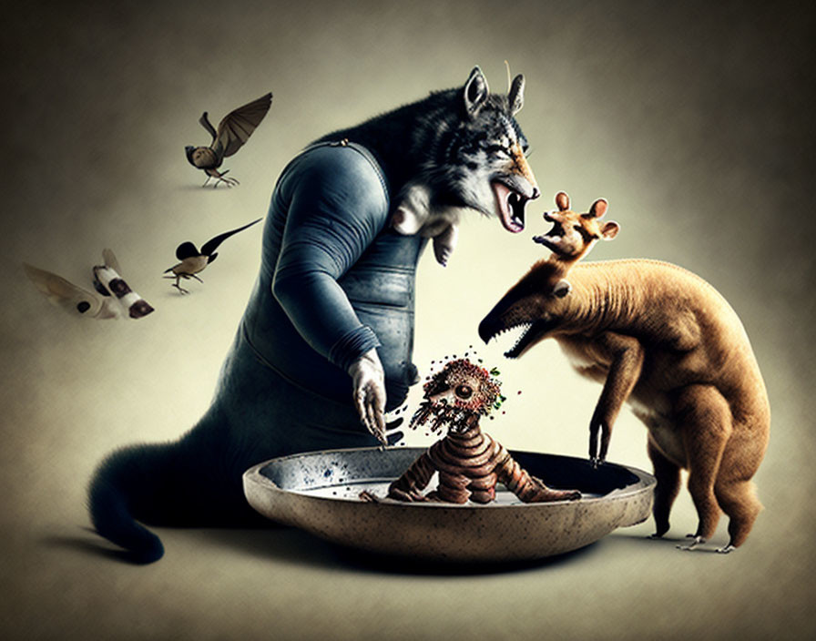 Surreal image featuring anthropomorphic animals and whimsical creatures