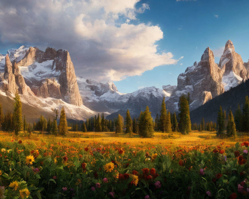 Scenic mountain landscape at sunset with golden light and flowering meadow.