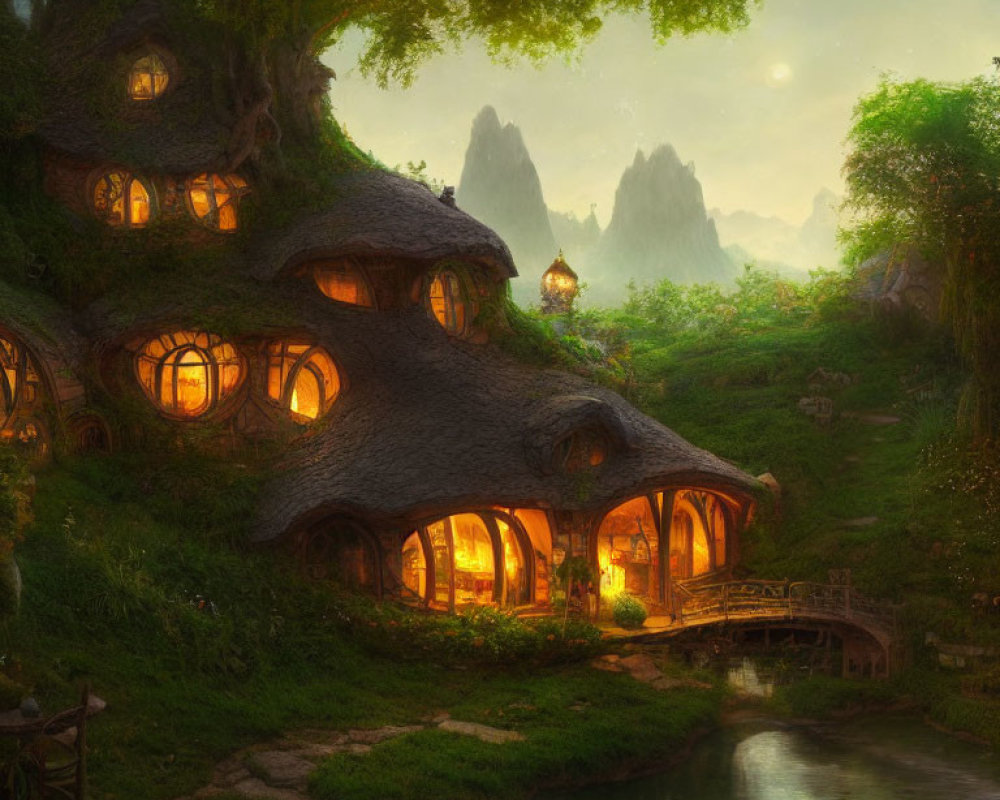 Twilight scene of cozy hobbit-style house on green hillside by stream
