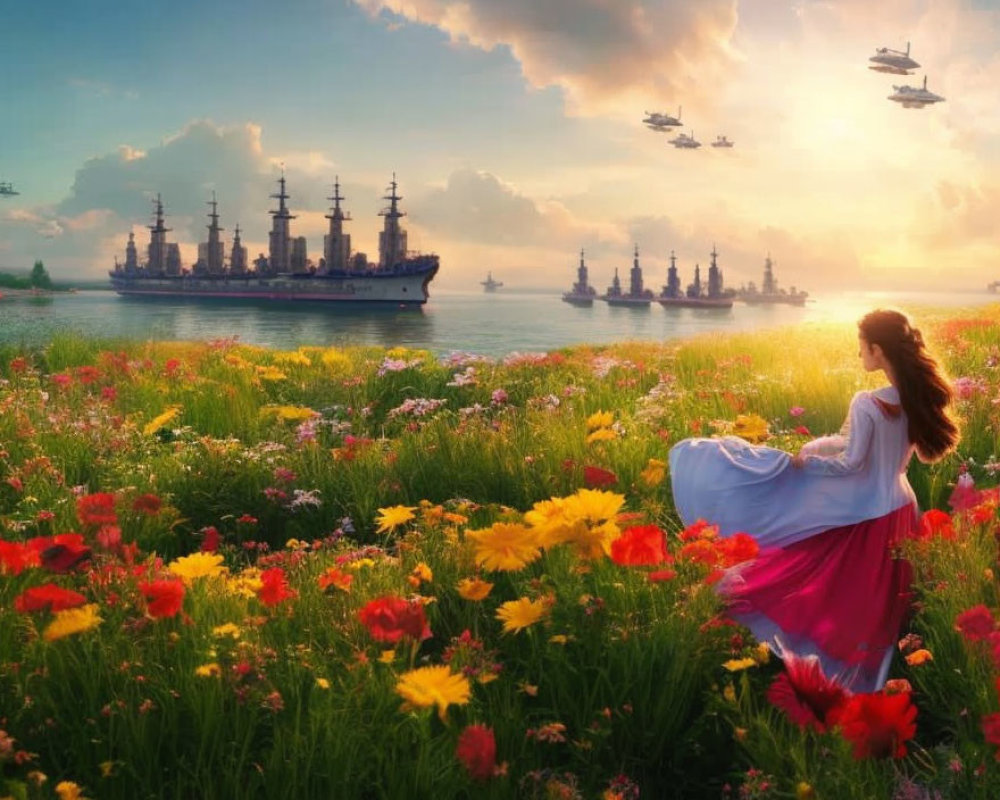 Woman in flowing dress gazes at surreal ships in vibrant flower field