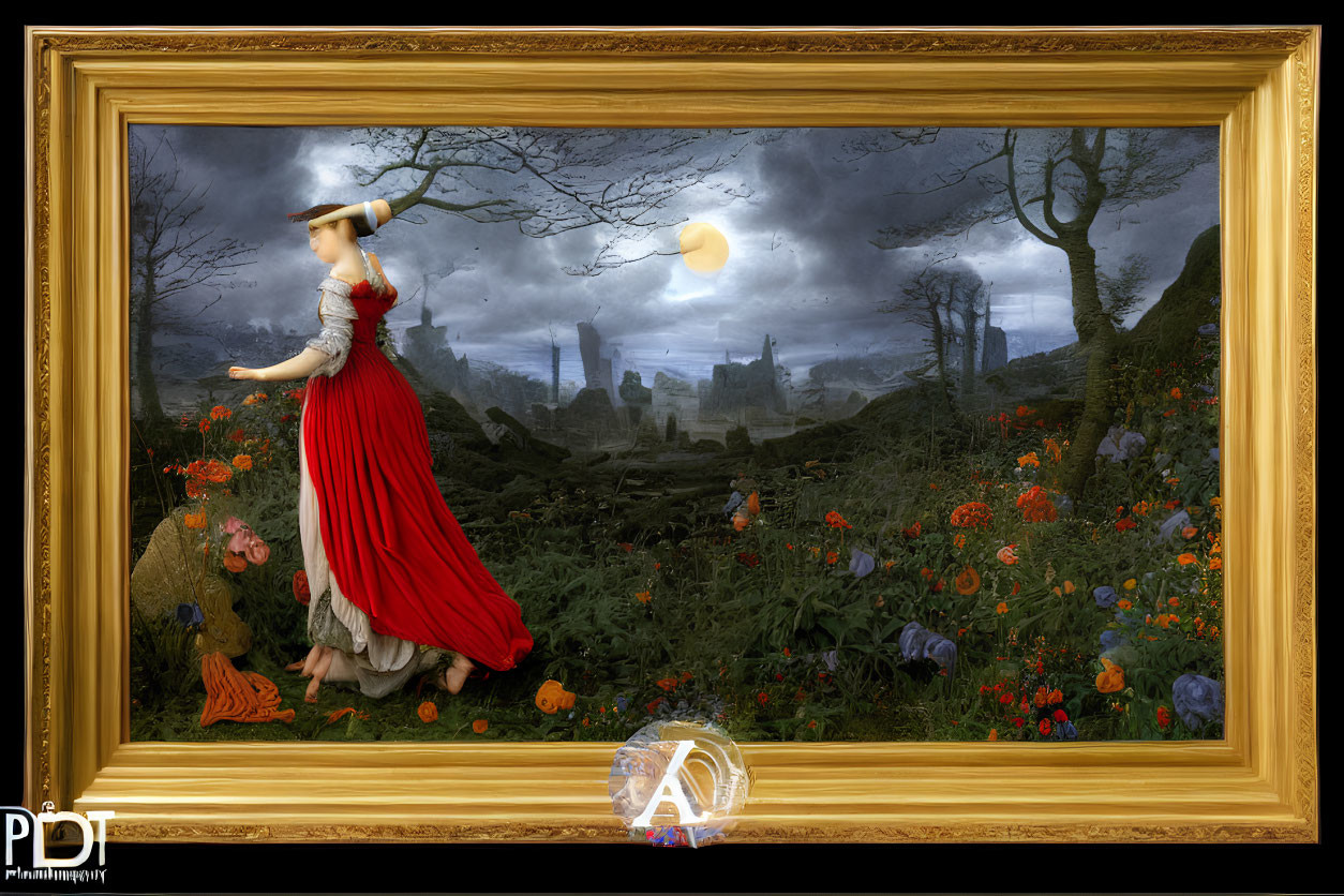 Surreal artwork: Woman in red dress steps into moonlit gothic landscape