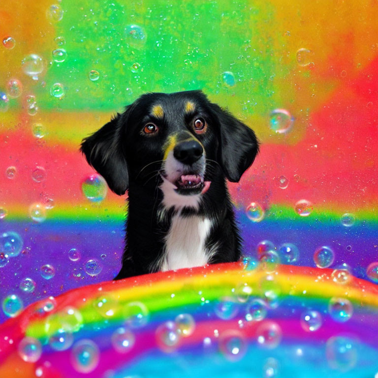 Wide-eyed black and white dog on vibrant rainbow background